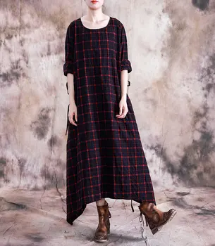 

Spring Autumn Original Women Art Plaid Cotton and Linen Dresses Ladies Chinese Vintage Irregular Long Maxi Dresses Robe