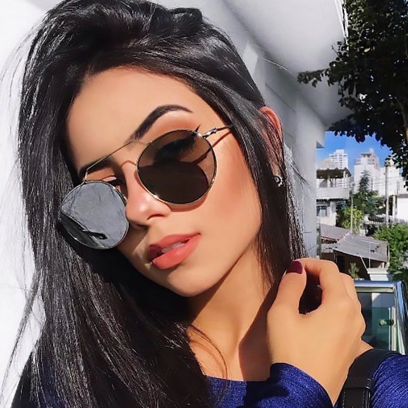 Gafas de redondas espejo para mujer hombre, anteojos de sol con barra de cejas geométricas finas, Retro, redondas, pequeñas celebridades, UV400|Gafas sol para mujer| - AliExpress