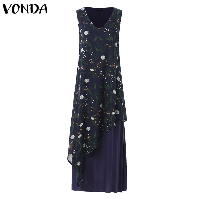 VONDA/летнее платье большого размера, женское богемное летнее платье, сексуальное необычное без рукавов, макси длинное платье, винтажное платье с принтом - Цвет: Navy