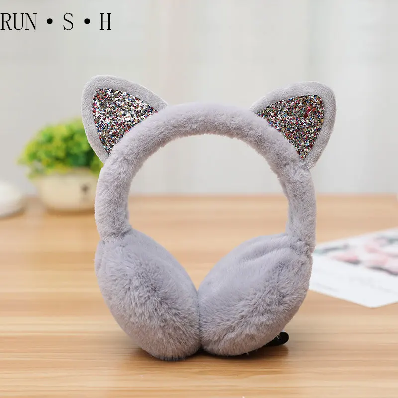 

Creative Lovely Cat Ears Bold Plus Velvet Earmuffs Winter Keep Warm Earmuffs Sequin Flexible Plush Material Adult Ms Earmuffs