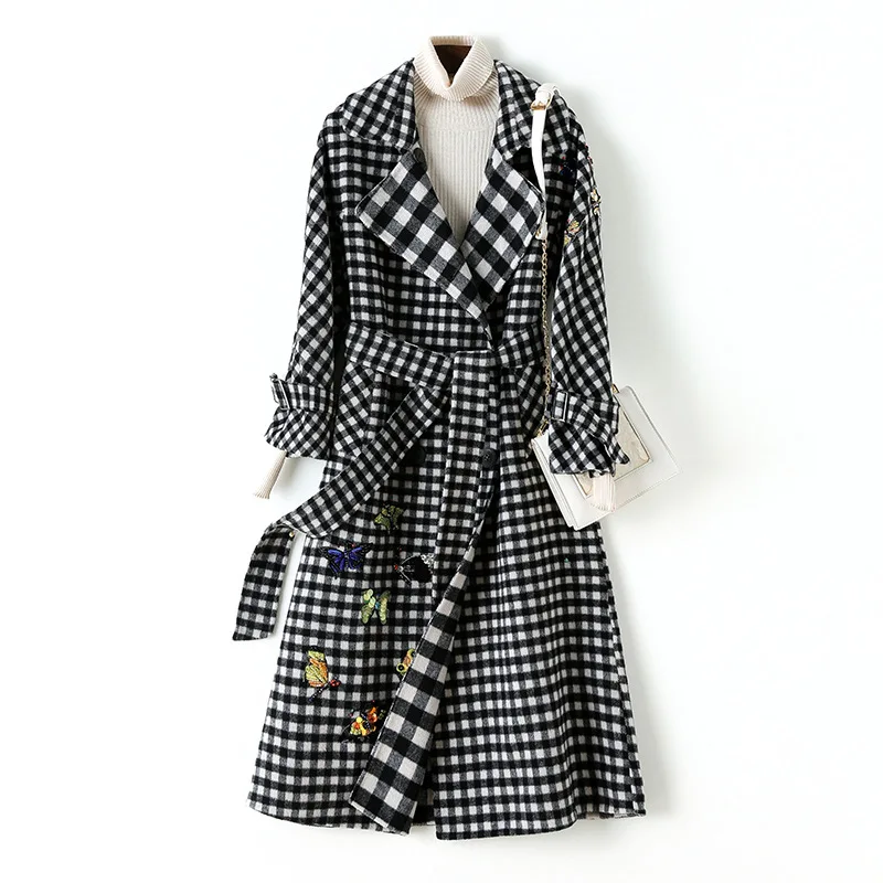 

2019 Winter Fashion Coat Women Double-faced 100% Wool Long Jacket Embroidery Plaid Pattern Slim Jackets Casaco Feminino