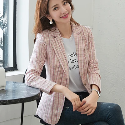 Pink Blazer Повседневный Женский Синий Розовый Абрикосовый клетчатый Блейзер длинный рукав Тонкий Блейзер новые шикарные износоустойчивые кардиганы куртки - Цвет: Pink Blazer