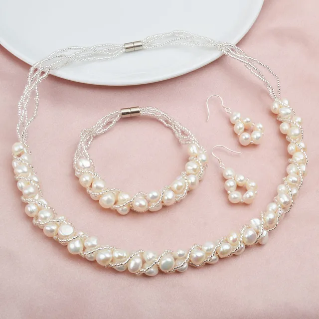 ASHIQI Natural Freshwater Pearl Jewelry Sets & More Hand-knitted Necklace Bracelet Earrings for Women NE+BR+EA 1