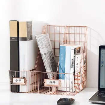 

Nordic Wrought Iron Double Grid File Holder Desk Shelf Magazine Book Storage Rack Office Stationery Organizer