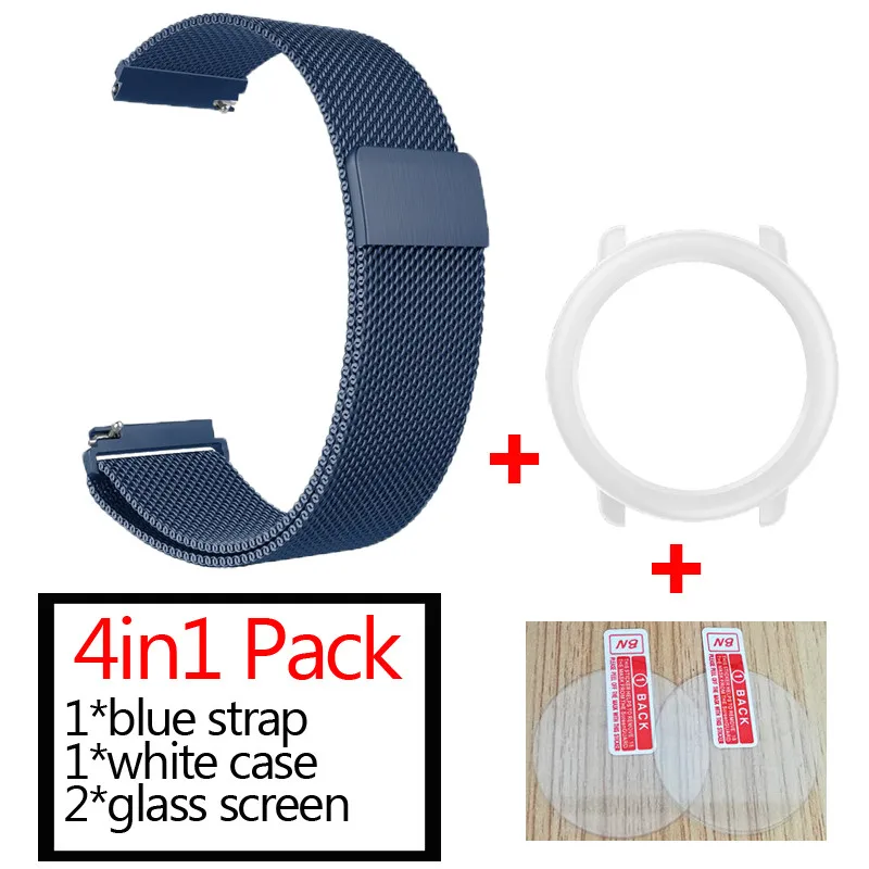 blue-white 3в1 Для xiaomi Huami Amazfit pace ремешок для часов металлический Миланский ремешок+ защитный чехол для наручного ремня+ Защитное стекло для экрана - Цвет: blue-white