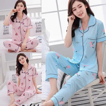 

Fashion Ladies Pajamas Lapel Short Sleeve + Loose Pants Two-Piece Set Cartoon Comfortable Thin Long Sleeve Kawaii Home Wear