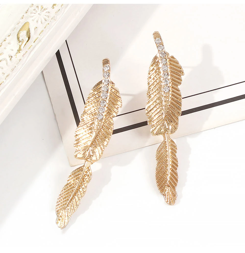 Youvanic Boho, длинные висячие серьги из золотого сплава с листьями и перьями для женщин, Хрустальные Подвесные серьги, Женские Ювелирные аксессуары 1366