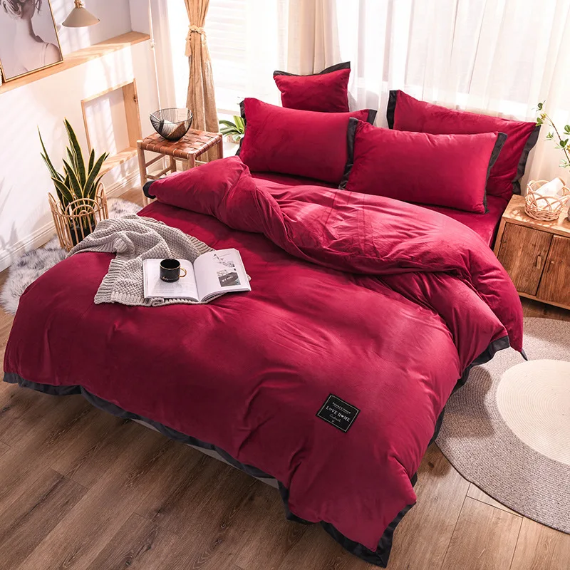 Oloey Winter Warm Solid Color Flannel Bedding Set Crystal Duvet