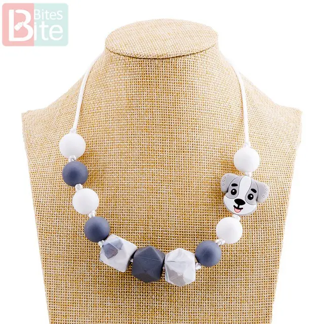 Bite Bites 1pcs Baby Teething Necklace Food Grade Silicone Beads Long Chain Baby Goods Silicone Bead Nurse Gift For Baby Teether Dog Necklace