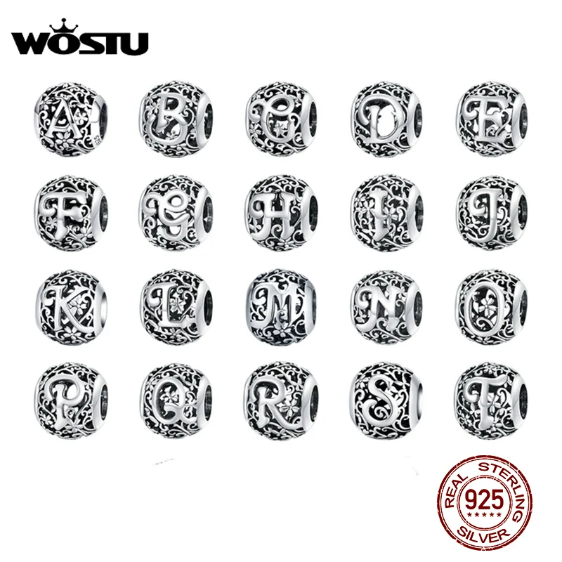 WOSTU 925 스털링 실버 A-Z 알파벳 로맨틱 비즈 맞는 엄두 낸 원석 팔찌 펜던트 여성용 팔찌 CQC1444