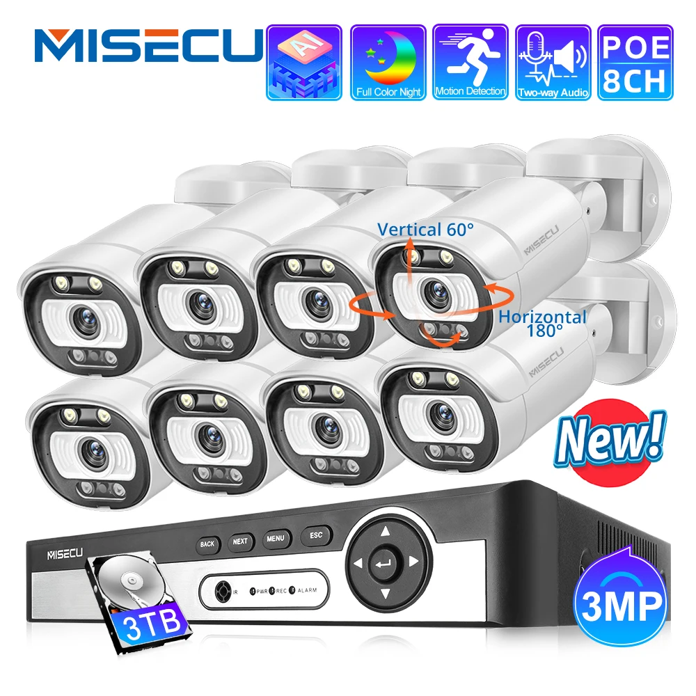 MISECU Security Camera System 4/8CH 3MP POE NVR Kit PTZ Camera 2 Way Audio AI Human Detection Outdoor P2P Video Surveillance Set