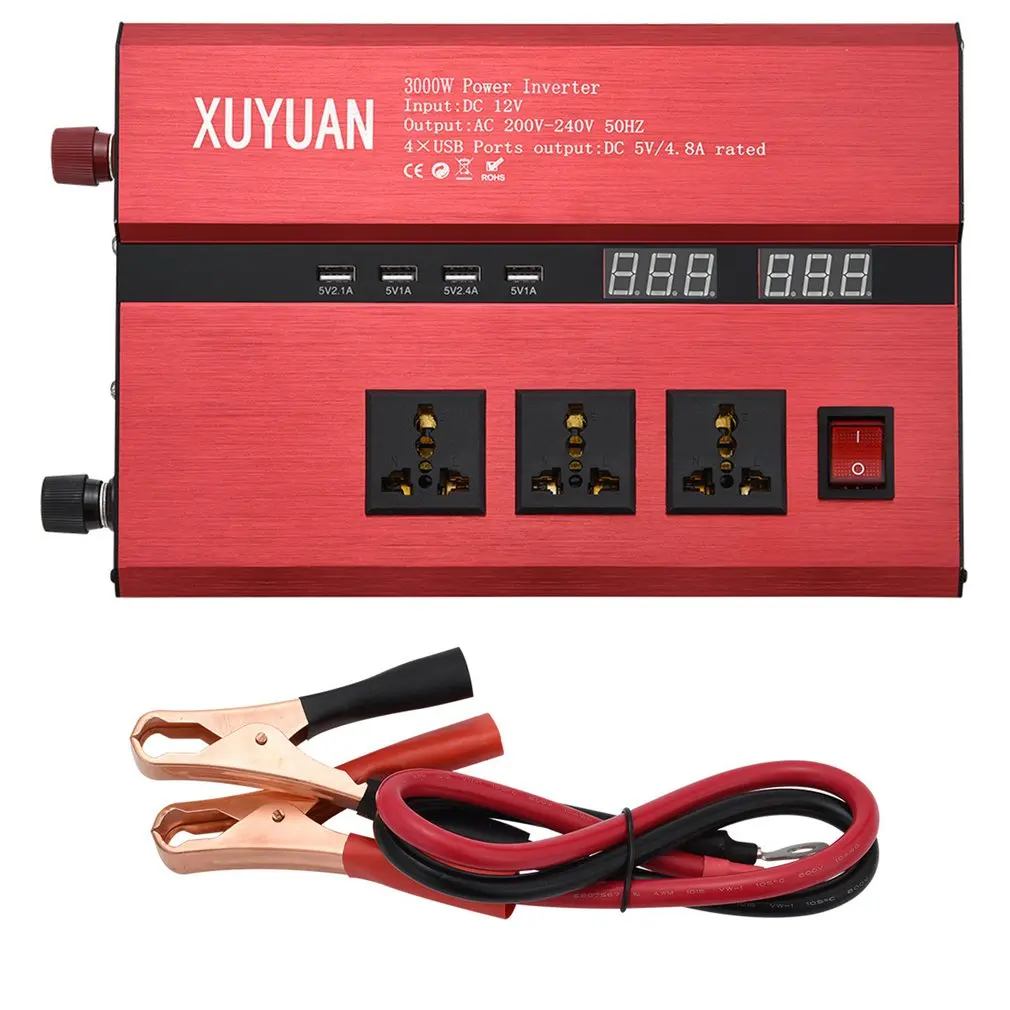 

Peak 3000W Dual LED diaplay Car Power Inverter Converter Charger Adapter Modified Sine Wave with 4 USB Port & 3 Plug