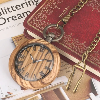 

Zebra Wood Quartz Pocket Watch Roman Numbers Round Dial Luminous Needle Wooden Watch Chain Clock FOB Woody Gifts for Men Women