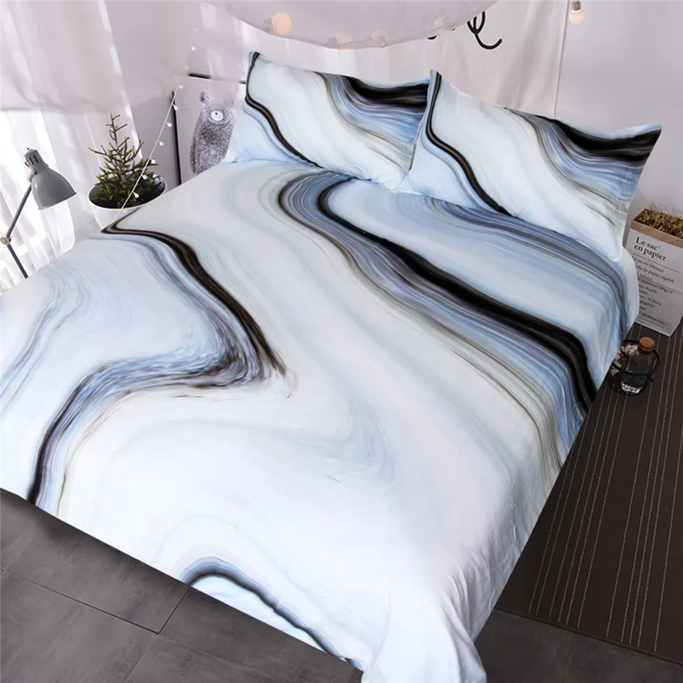 

HM Life Bedding Set Marbling Printing Black White Gray Bedclothes 3-Pieces Bed Cover Nature Inspired Abstract Duvet Cover Set