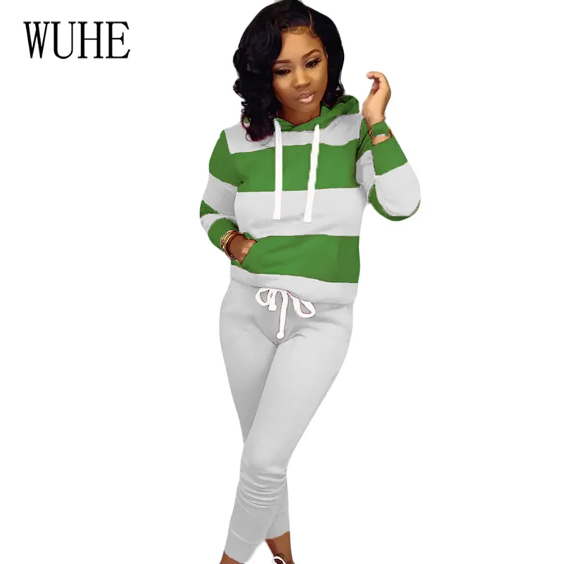 WUHE Retro Bodycon Two Pieces Sets Hooded Crop Top and Skinny Pants Elegant Striped Tie-up Casual Go Out Playsuits Plus Size 3XL