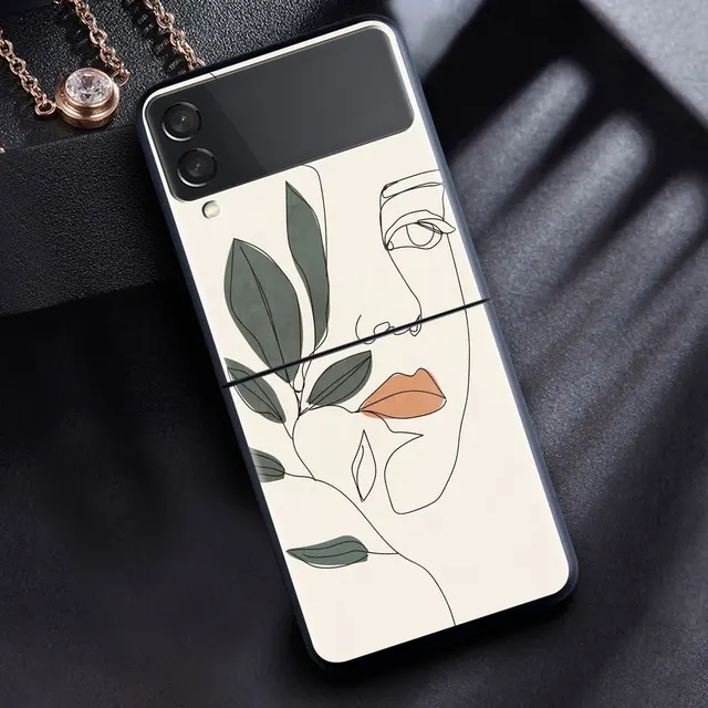 For Samsung Galaxy Z Flip 3 5G Case Luxury Matte Black Hard Phone Cover ZFlip 3 Shockproof Fundas Shell Abstract Women Face Line B10