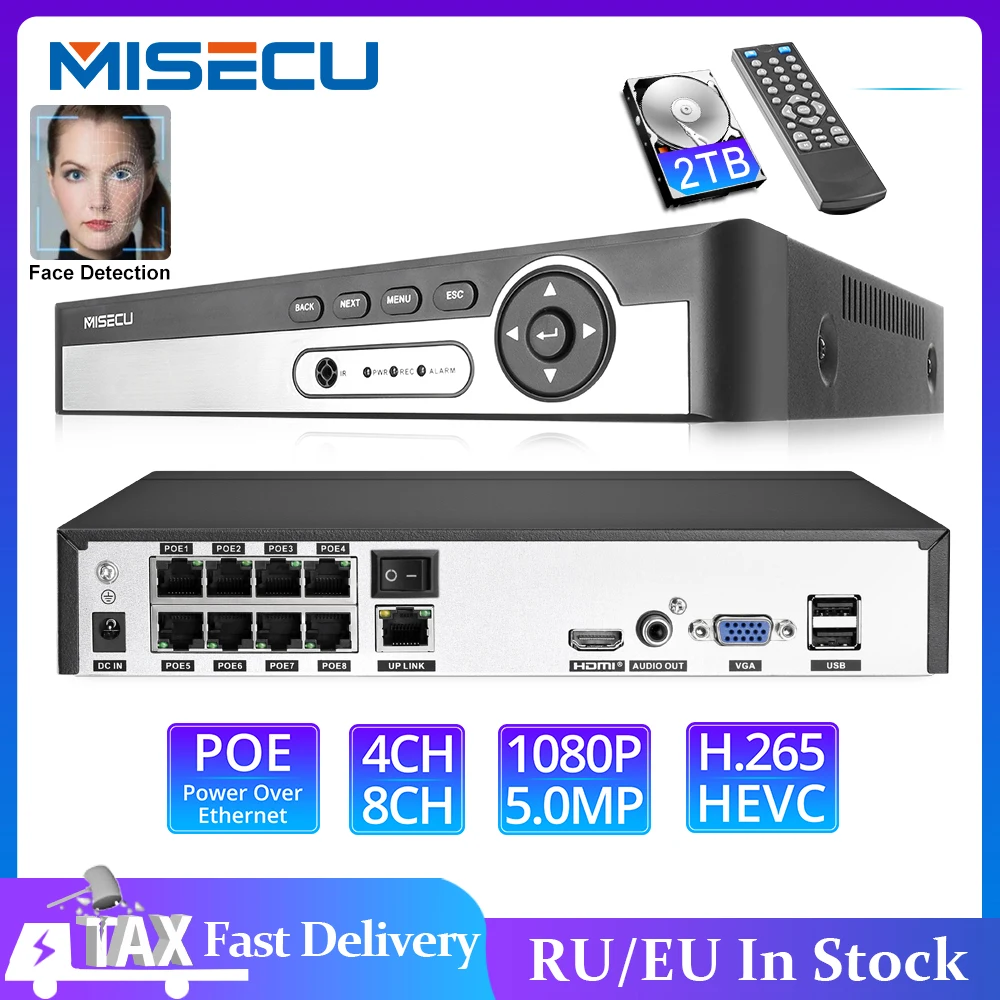 MISECU H.265 Max 5MP 4CH 8CH 48V POE NVR Up to 8CH 16CH Audio Out Surveillance Security Video Recorder For POE IP Camera afbeelding