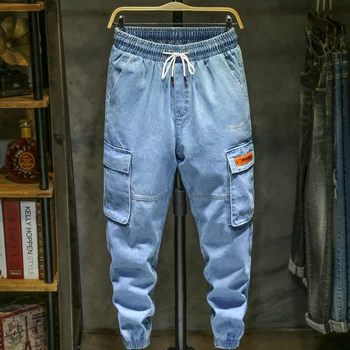 

6XL 7XL Big size Men loose large size nine points pants feet tide brand jeans spring and summer thin section Harem Blue Overalls