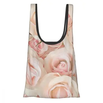 

Pink Rose Floral Eco Shopping Bag Fashion Foldable Reusable Tote Folding Pouch Convenient Storage Bag