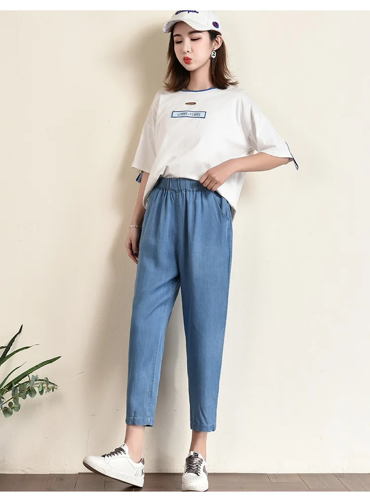 Женские джинсы,, Amoi, тонкие, Tencel, ковбойские, свободные, повседневные, большие размеры, шаровары