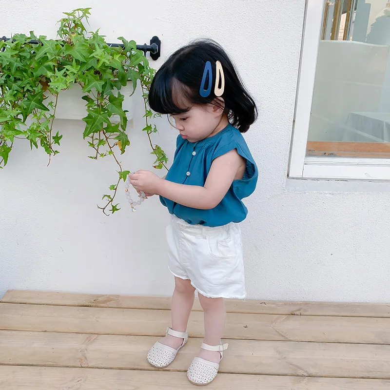 A mu hou Childrenswear South Korea Summer Children New Style Versatile Tops Baby Solid Color Sleeveless All-cotton Shirt