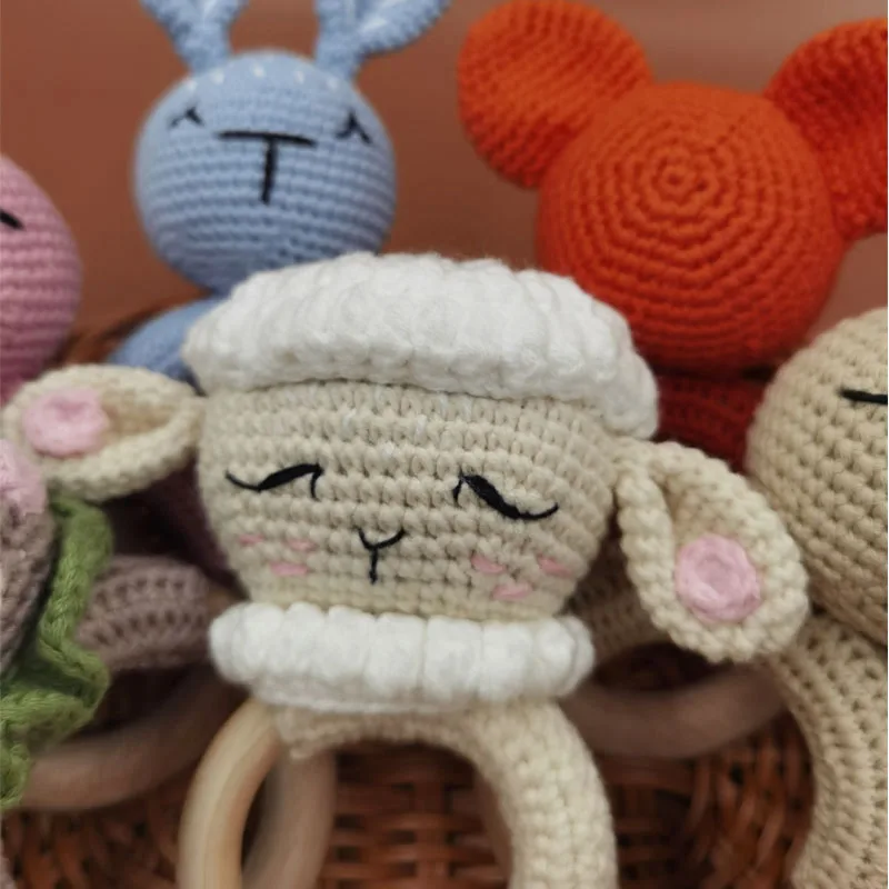 BPA Free Baby Wooden Teether DIY Crochet Deer Sheep Rattle Newborn Rodent Teething Ring Gym Educational Toys for Children Kids 5
