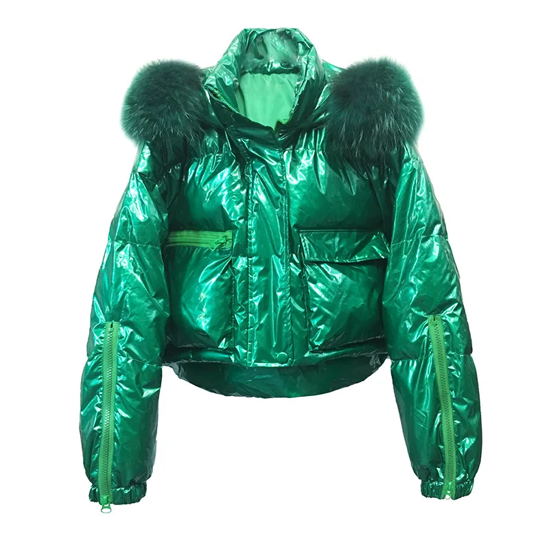 European goods winter new fox fur collar short coat jacket female loose high waist coating bright coat tide