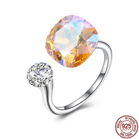 Authentic 925 Sterling Silver Engagement Cubic Zirconia Ring For Women Colorful Square Crystal Open Rings Fine Jewelry