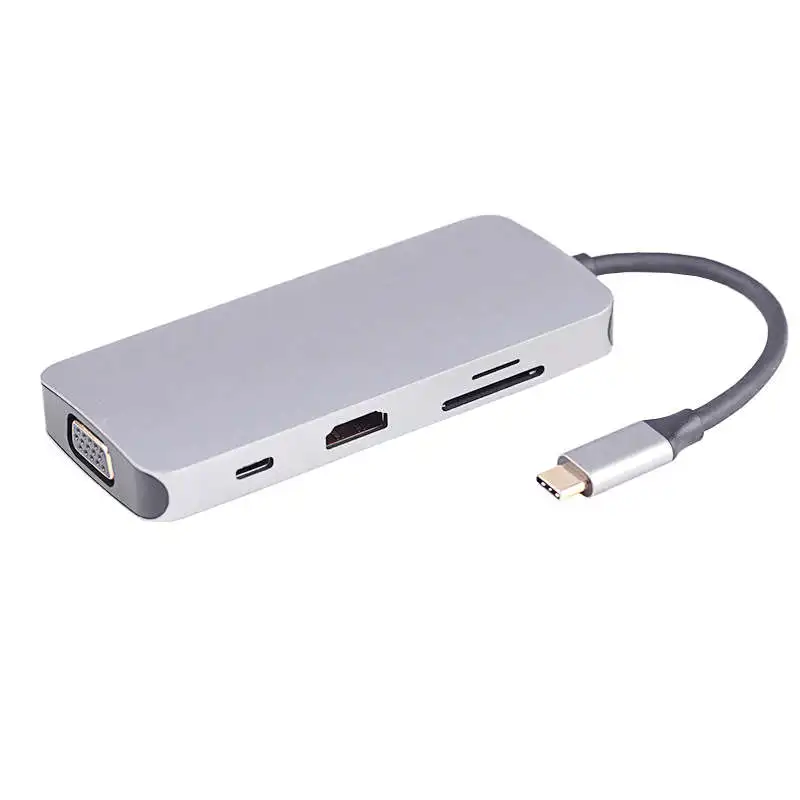 

ULT-BEST 8-In-1 3Usb Port Type-C Hub Docking Station Support 4Kx2K Hdmi Vga Sd/Tf Card Reader Pd Charging Port Adapter Multi-Fun