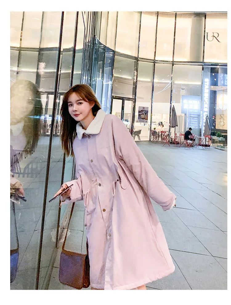 Women Lamb Wool Collar Long Hooded Oversize Winter Dress Down Coat Thick Warm Jacket Cotton Padded Wadded Parkas 3D Big Pocket