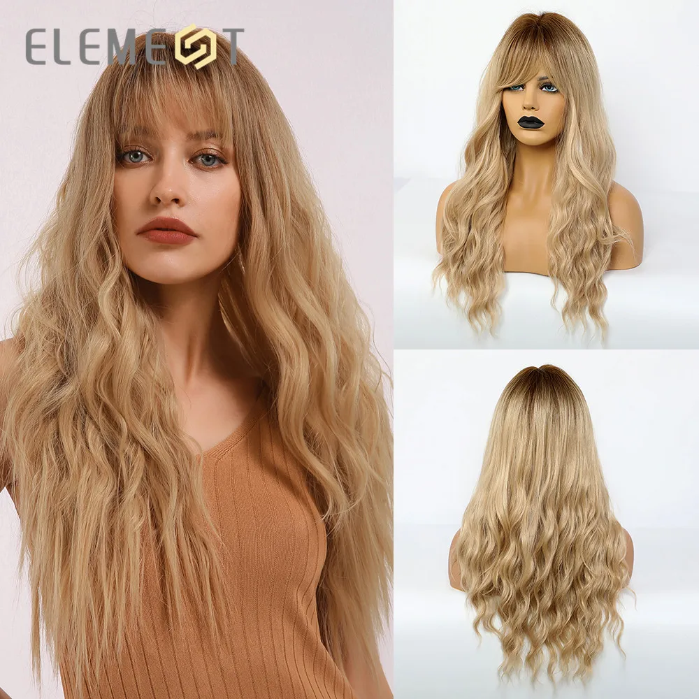 

Element Heat Resistant Fiber Synthetic Long Water Wave Ombre Brown to Golden Blonde Wigs with Bangs for White/Black Women