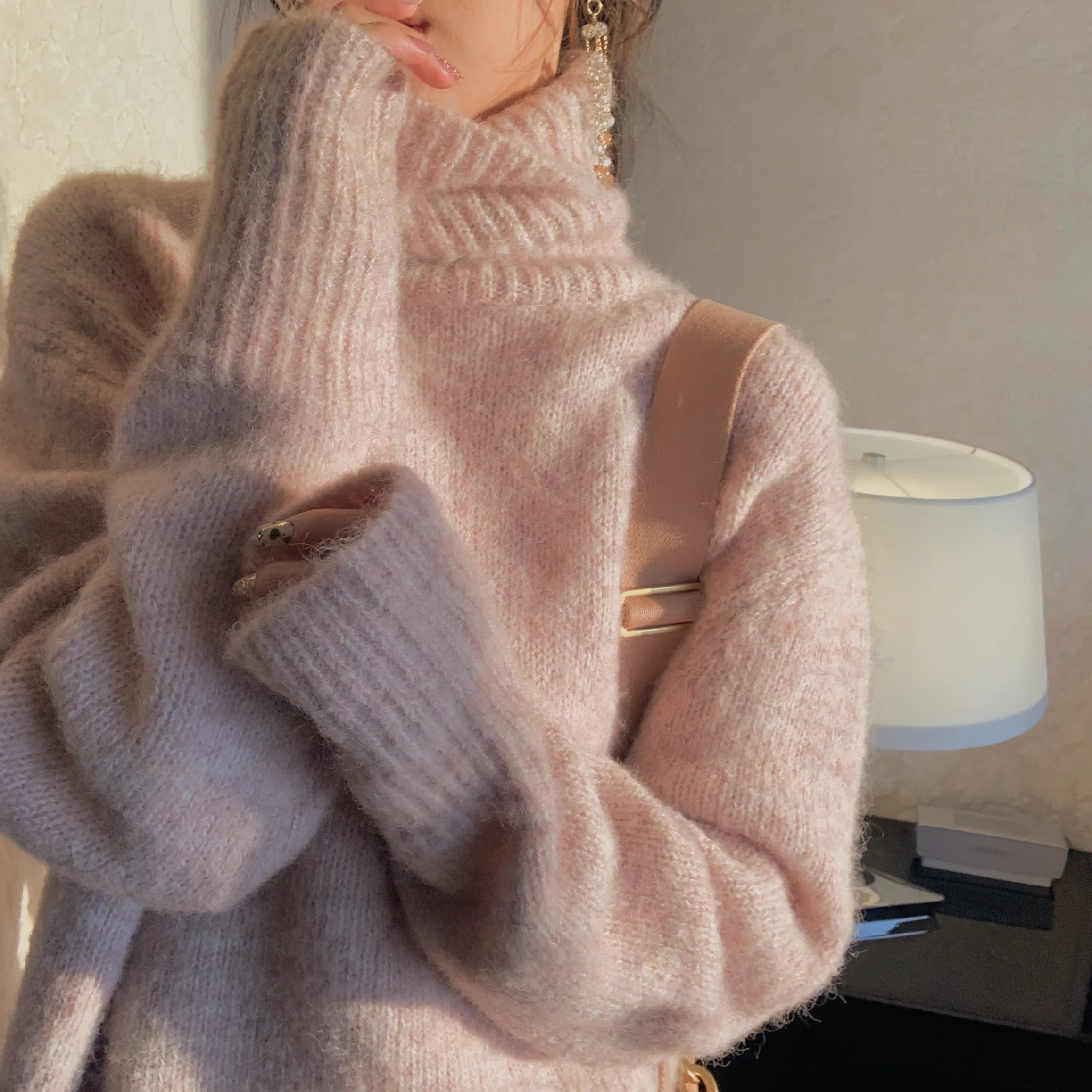 

JSXDHK Fashion Women Turtleneck Warm Pullovers Lazy Style Autumn Winter Long Sleeve Mohair Knitted Soft Thick Pink Loose Sweater