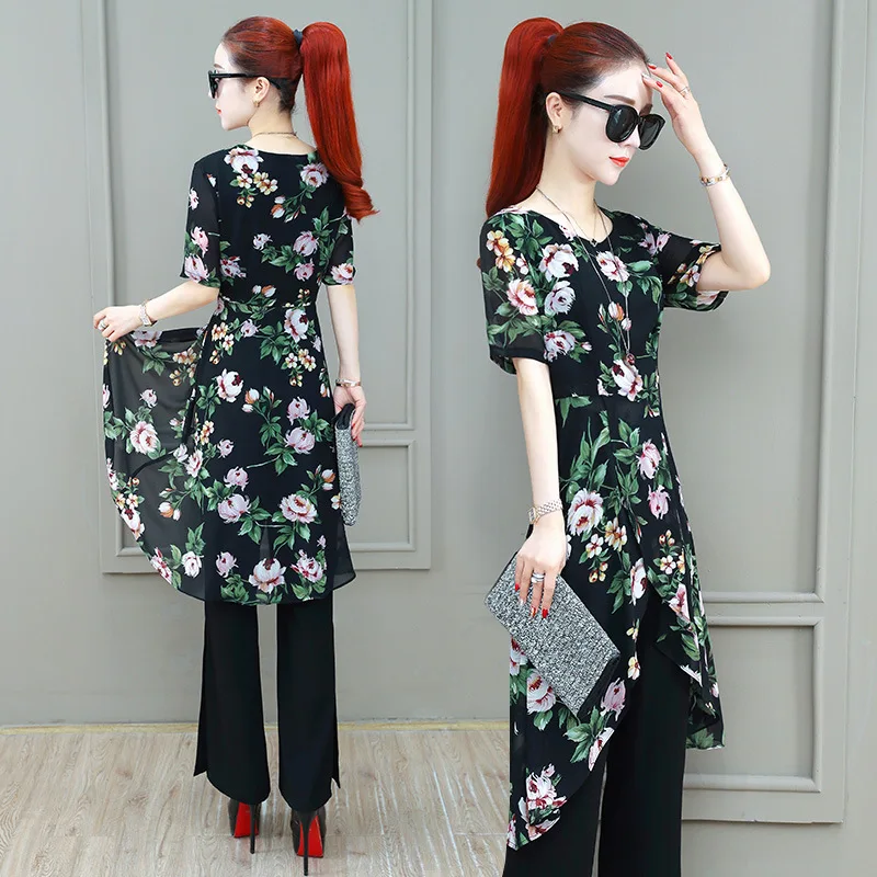 

Mid-length Irregular Floral Chiffon Shirt Tops Slit Micro Bell-bottom Pants Two-Piece Women's High-waisted Loose Pants Set