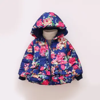 

Winter Girls Hooded Jacket Printed Flowers Zipper Winter Coat For Girls Kids Padded Jacket Casual Children's Outerwear