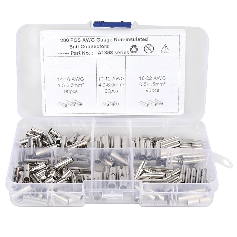 

200Pcs 18-22 14-16 10-12 AWG Gauge Non-Insulated Butt Connectors Uninsulated Wire Ferrule Cable Crimp Terminal Kit for Ship and