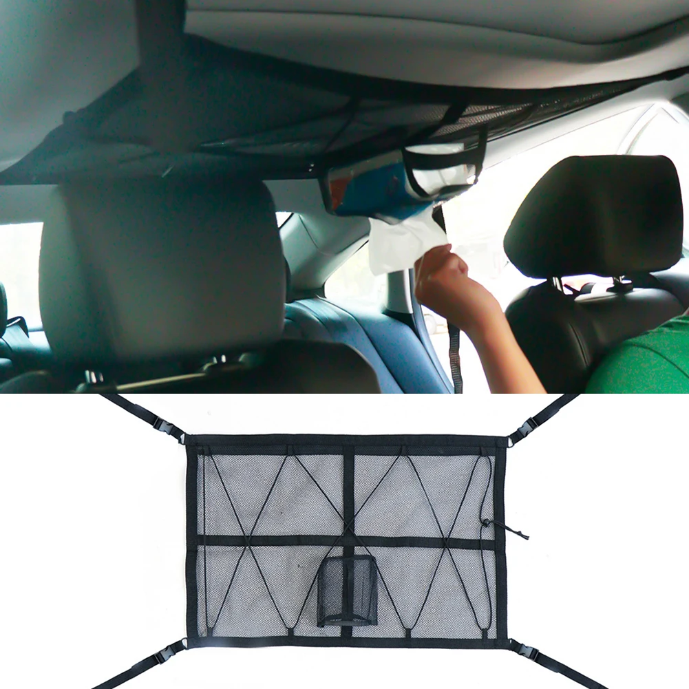 Car Roof Hanging Mesh Net Doublelayer Adjustable Car Ceiling Cargo Sundries Storage Bag Pocket