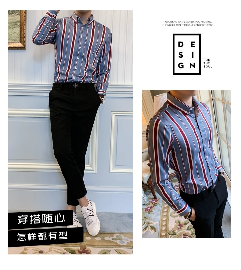 Vertical Stripe Shirt Men Long Sleeve Camisa Social Masculina Chemise Homme New Striped Shirt Men Slim Fit Vintage Flower Shirt