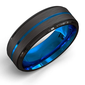 

Fdlk Men'S Fashion 8Mm Black Brushed Ladder Edge Stainless Steel Ring Blue Groove Men Wedding Ring Gifts For Men