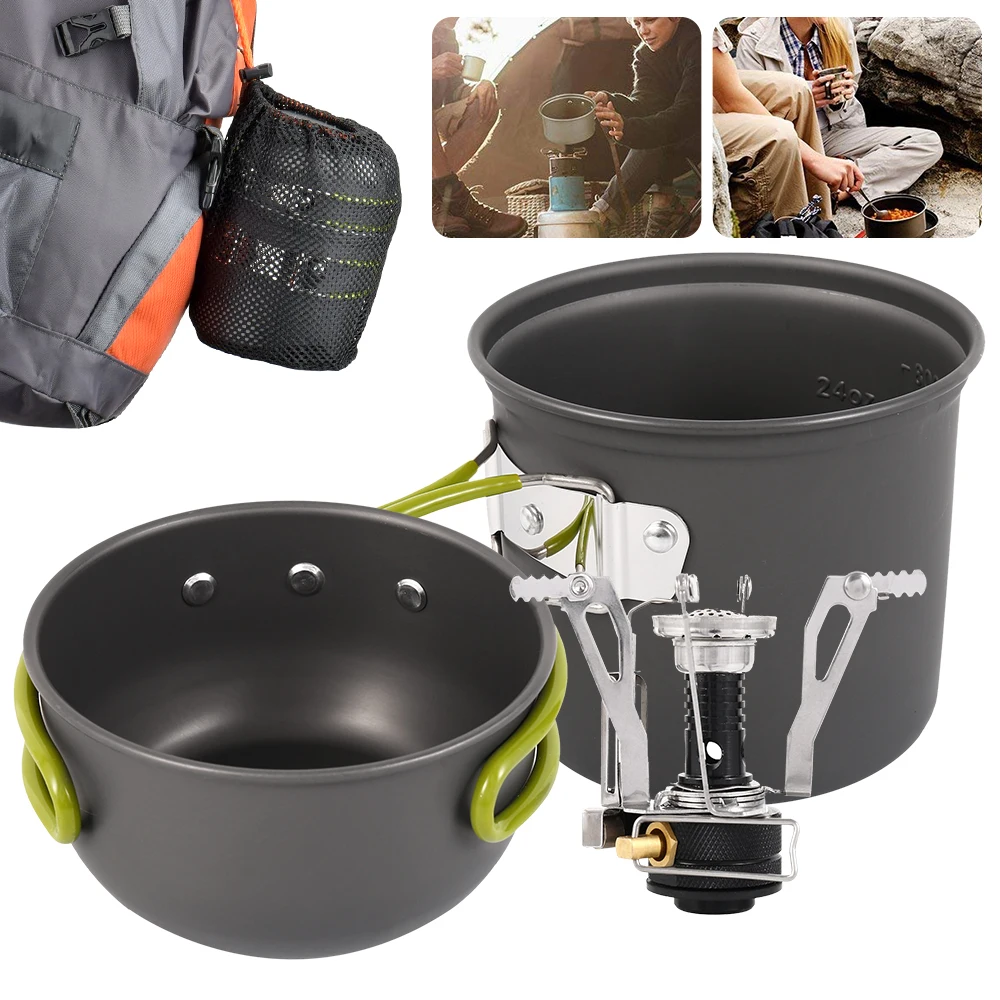 

Ultralight Camping Cookware Outdoor Cooker Pot, Pans with Mesh Bag Set for Backpacking Hiking Picnic Utensil Tableware Set