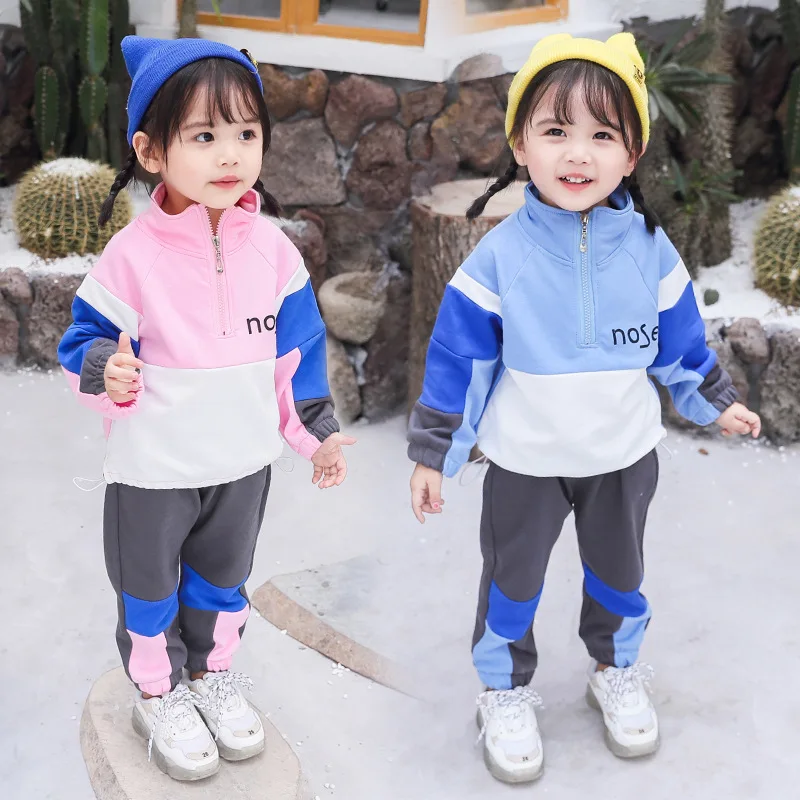 

2019 Autumn Children Korean-style Semi-Zipper Workwear Set Girls Contrast Color Lettered Two-Piece Set Hb-q906
