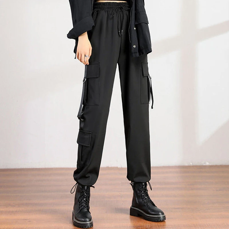 Cargo Pants Women High Waist Korean Style Oversized Black Trousers Women Vintage Streetwear Elastic Casual Pants In Autumn