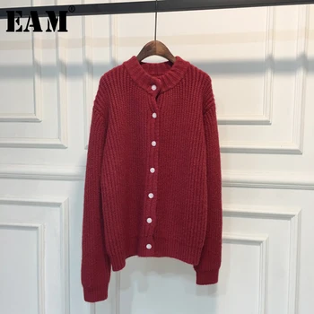 

[EAM] Red Big Size Knitting Cardigan Sweater Loose Fit Round Neck Neck Long Sleeve Women New Fashion Autumn Winter 2020 1X385
