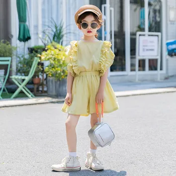 

Ruffles Sleeve Sweet Girls Summer Yellow Suit Fashion Shorts Two-Piece Set 2020 Korean Style