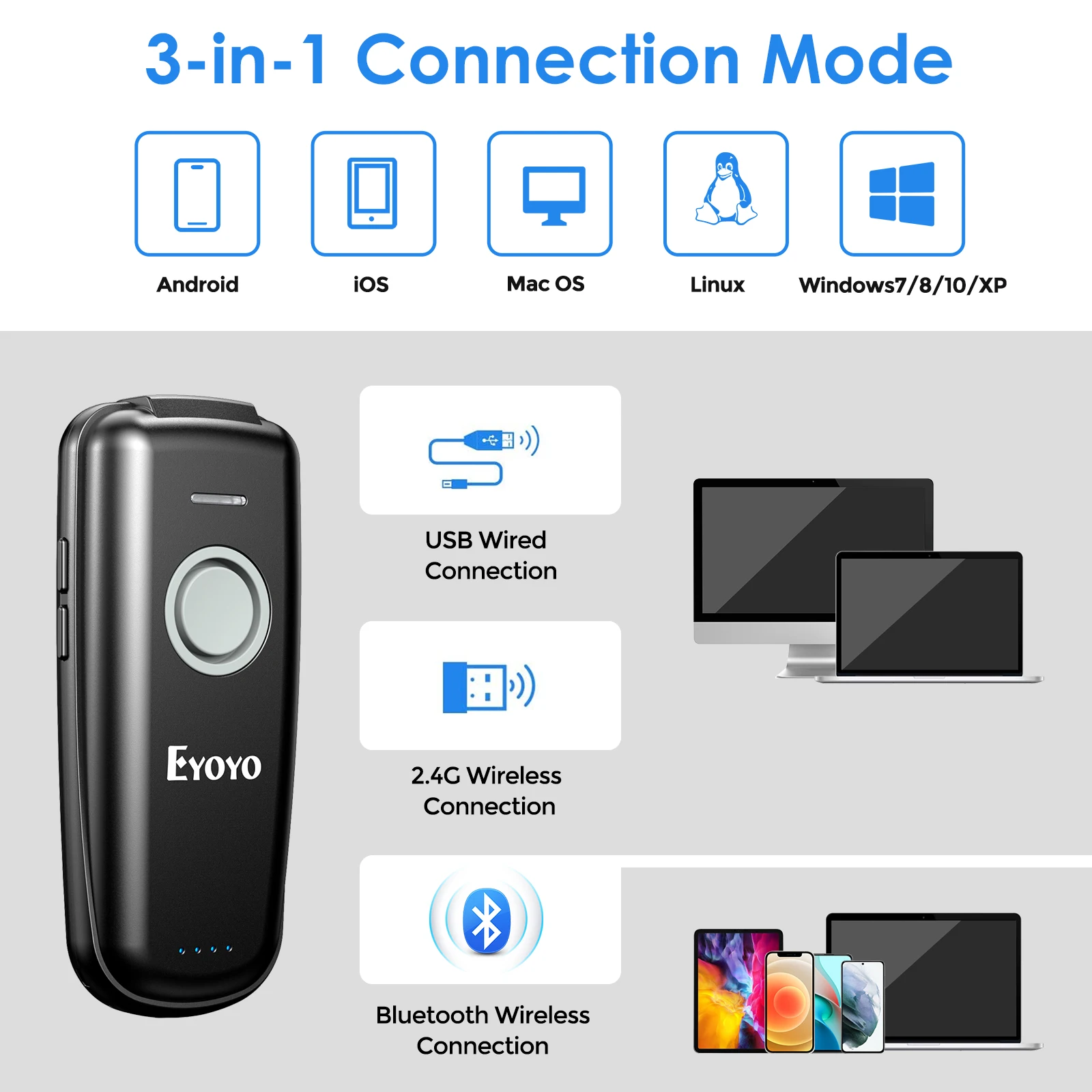Eyoyo Mini 1D Barcode Scanner Bluetooth & 2.4GHz Wireless & Wired Connection Portable Bar code Reader For Windows/Phones/Tablets