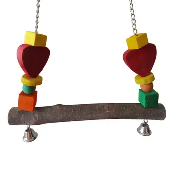 

Bird Wooden Swing Toy Parrot Perch Stand Chew Colorful Heart Block Hanging Bells