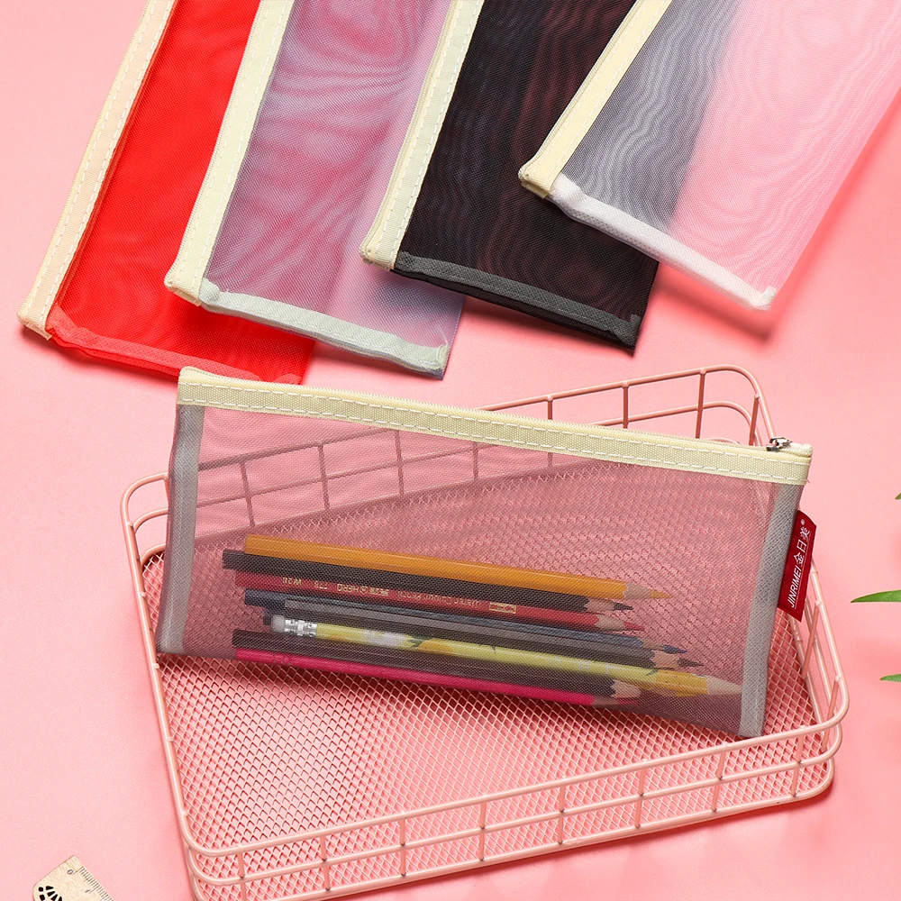 1PC Simple Transparent Mesh Pencil Case Office Student Pencil Cases Nylon Estuche School Supplies Pen Box School Stationery Case