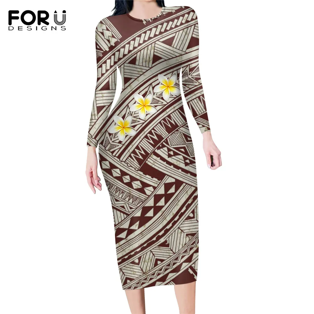 

FORUDESIGNS Polynesian Weaving Plumeria Printed Stretchy Long Sleeve Pencil Dress for Lady Casual Party Slim Bodycon Dress Mujer