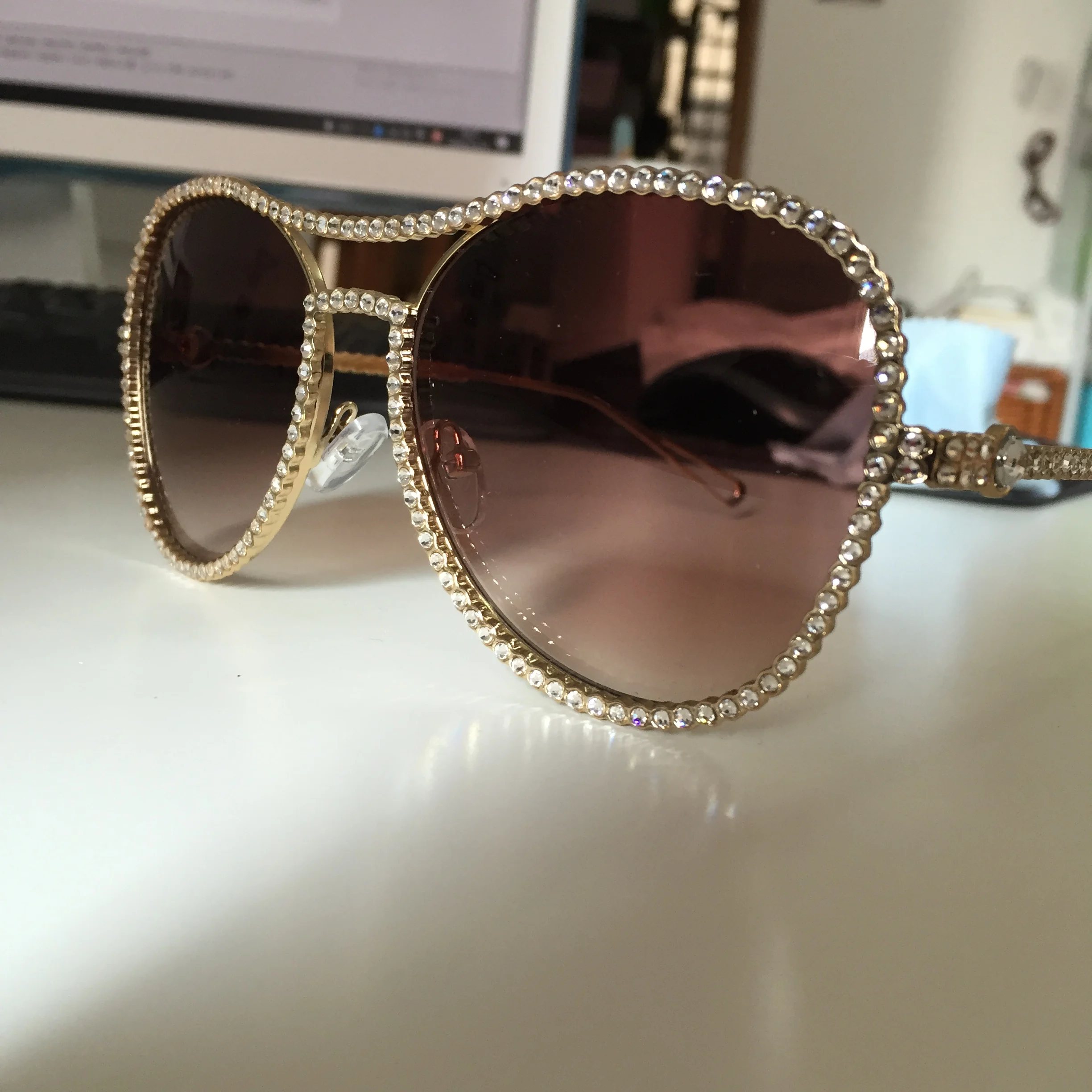 HBK солнцезащитные очки пилота, женские декоративные стразы, брендовая дизайнерская медная оправа, HD прозрачные линзы, двойной мост, солнцезащитные очки - Цвет линз: C4 brown