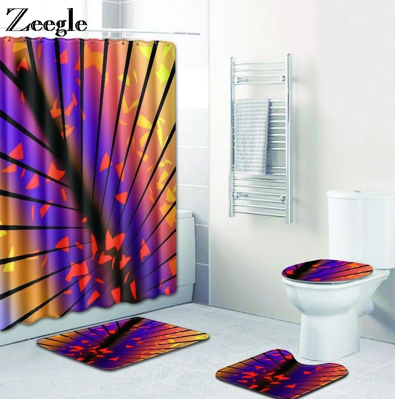 Zeegle Bath Mat Set with Waterproof Shower Curtain Toilet Seat Cover Mat Non-Slip Soft Floor Mat Rug Bathroom Set with Hooks