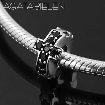 

New 925 Sterling Silver Black cross Zircon Round fine Spacer Stopper Bead for Jewelry making Fit Original europeu Charm Bracelet